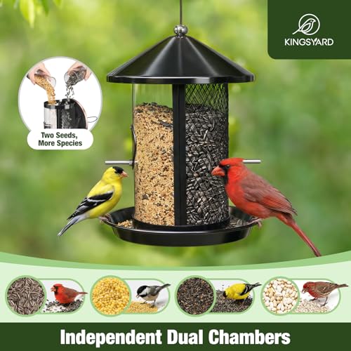 Kingsyard Metal Bird Feeders for Outdoors Hanging, Tube Bird Feeder | 4 lbs Capacity, Dual Chamber Design, 2 perches & 360 Degree Perch, Weatherproof, Chew-Proof, Easy to Clean & Refill, Black