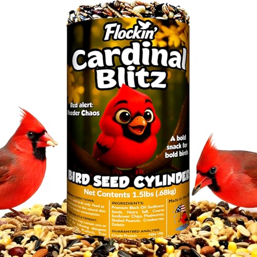 Cardinal Bird Seed Cylinders with Hole, Nutrasaff & Mealworms, 4" x 7.75" | Cardinal Blend, Cylinder Bird Seed, Safflower, Peanuts, Mealworms & Cranberries, Attracts Various Wild Birds, USA Made 1.5lbs - size: 1-Small