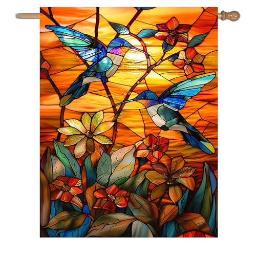 Stained Glass Hummingbird Garden Flag Spring Summer House Flag Fall Floral Decorative Yard Flags for Outside 28x40 Double Sided Large Seasonal Lawn Flags Rustic Outdoor Decor - color: glasshummingbird