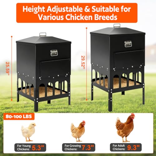 16-Ports Large Chicken Feeder with Grille & Baffle, No Waste Feeder | 80-100LBS Gravity Automatic Feeder with Sloped Roof Lid, Rainproof Heavy-Duty Poultry Feeder for All Poultry