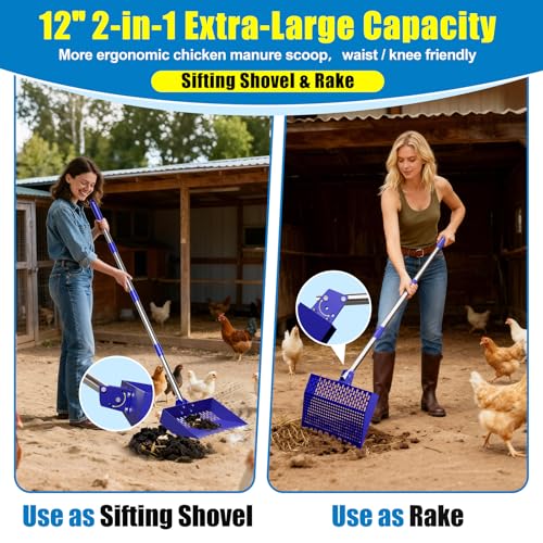 12-Inch 2-in-1 Chicken Poop Scooper & Rake, Chicken Coop Scoop with Adjustable Stainless Steel Handle （24–64"）, 3 Angles & 2 Sifting Holes, Litter Scoop Sand Sifting Shovel Pooper Scooper (Blue) - color: Blue