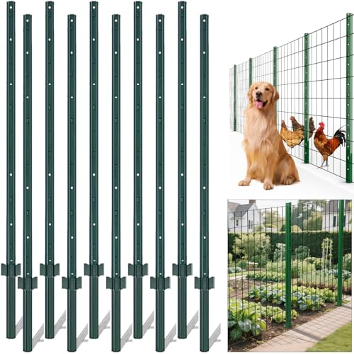 Amagabeli Heavy Duty Metal Fence Posts 4 Feet 10 Pack No Dig Garden U Post Stakes for Wire Fence Temporary Fencing Electric Fence Wire Safety Fence Mesh Fence Garden Fencing T Post for Yard Green - size: 4 Feet Post