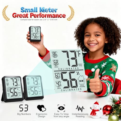2 Pack Room Thermometer Indoor Hygrometer with Max/Min Record | W/ Battery, 24h Max/Min Record, Accurate Sensor, Fast Refresh, Easy to View, ℉/℃, Durable Kickstand, Compact, for Home Office - color: Black ( new version)