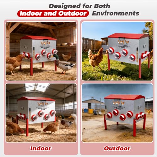 Automatic Chicken Feeder 100LBS Large Capacity, 12 Anti-Waste Ports Metal Poultry Feeder with Height Adjustable Stand, Waterproof Rodent Proof Feed Box with Lid Viewing Window for Hens Ducks Geese - size: 100LBS