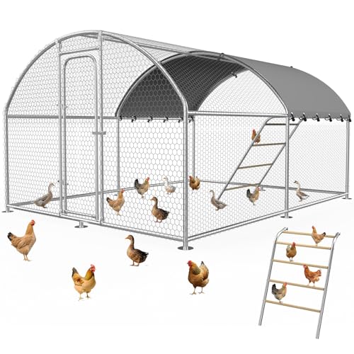 Large Metal Chicken Coop with Roosting Perch and Cover | Dome roof outdoor chicken run with waterproof UV-resistant cover, 10' W x 13.2' L x 6.4' poultry cage - size: 158.4"L x 120.0"W x 76.8"H