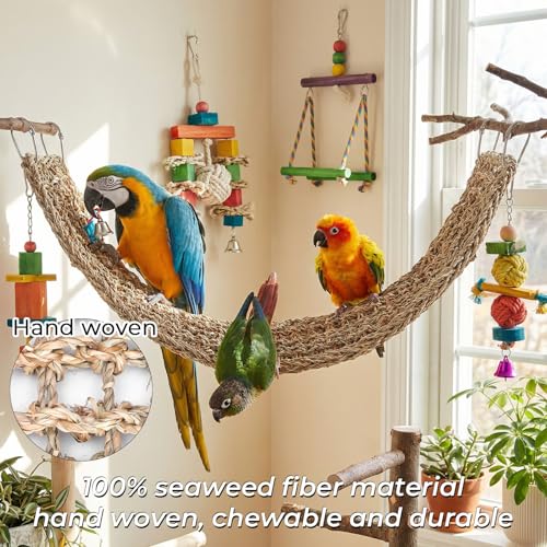 39 x 7.5 Inches Seagrass Mat Natural Woven Net Bird Hammock with Hooks Climbing Rope Ladder Chew Toy Cage Accessories for Parrots Cockatiels Hamsters Rats Guinea Pigs Bearded Dragons