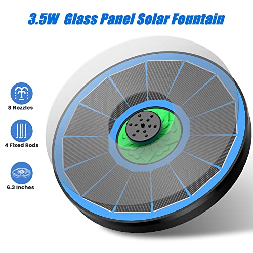 Yzert Solar Fountain Full Glass Panel No Battery, 3.5W Solar Bird Bath Fountains with 4 Fixed Rods & 7 Nozzles, Solar Fountain Pump for Bird Bath, Garden, Pond, Pool, Patio,Hummingbird - color: Green Flower Blue Panel