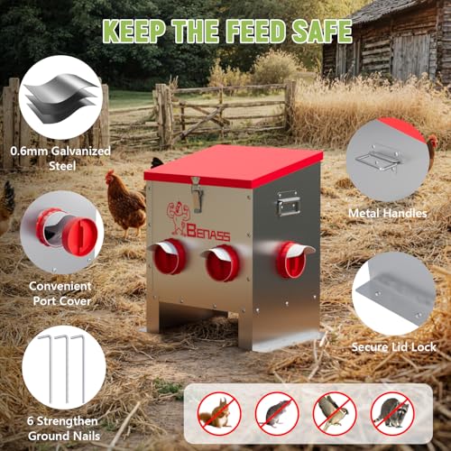 40LB Automatic Chicken Feeder, No-Waste Metal Poultry Feeder with 6 Ports, Predator-Proof Latch & Weatherproof Design, Includes Anti-Tip Ground Stakes & Vegetable Hanging Feeder - size: 40LB-6 Ports