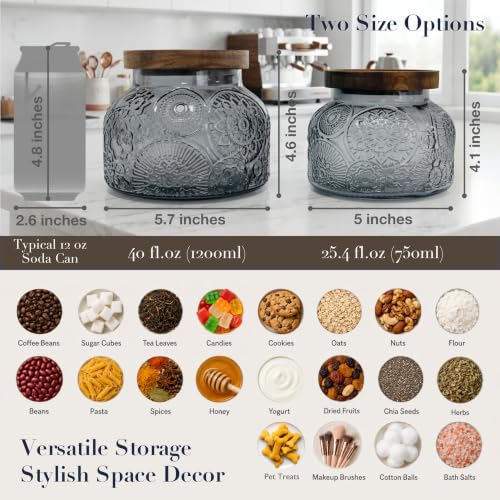 Decorative Grey Embossed Glass Jar with Airtight Wooden Lid, 25.4 fl. oz | Wide mouth vintage storage canister, kitchen pantry bathroom organization, coffee sugar tea cookie candy candle vase gift - size: 25.4 Ounces, style: Grey Flower