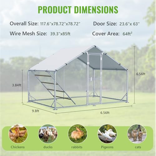 Large Metal Chicken Coop Runs for Yard with Cover, 10x6.5x6.5 | Perch Bars, Split Doors, Waterproof Covers, Mesh Wire - color: Spire Top, size: 118.1"L x 78.7"W x 78.7"H