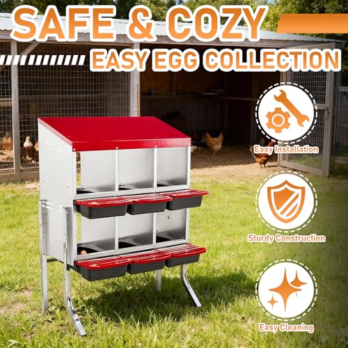 Outvita Chicken Nesting Boxes, 6 Compartments Metal Nesting Boxes for Chickens with Metal Legs, Wall/Floor Mount for Laying Eggs with Swing Perch and Roll Away Egg Collection for Chicken Coop, Red - color: Red, size: 33.5"L x 20.5"W x 37.8"H