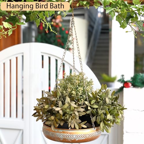 10 Inch Iron Hanging Birdbath Outdoor Yard Bird Bath & Bird Feeder | Hanging Birdbath with Antique Patina Finish, Bird Bath Basin & Feeder for Garden, Yard, Lawn Decoration