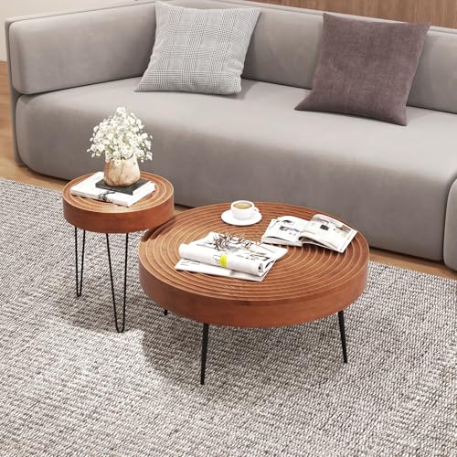 COSTWAY Farmhouse Round Coffee Table Set of 2, Rustic Sofa Side Tea Tables w/Wood Finish, Metal Frame, Adjustable Foot Pads, Nesting End Table Set for Living Room, Bedroom (Ring Pattern, Brown) - color: Brown, style: Ring Pattern