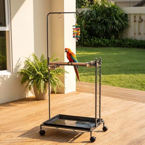 PawHut Bird Stand Parrot Stand with Wheels Wooden Perch Ladder Dark Gray | Stainless Steel Bowls, Slide-out Tray, for Indoor Outdoor Use, for Budgies, Parakeets
