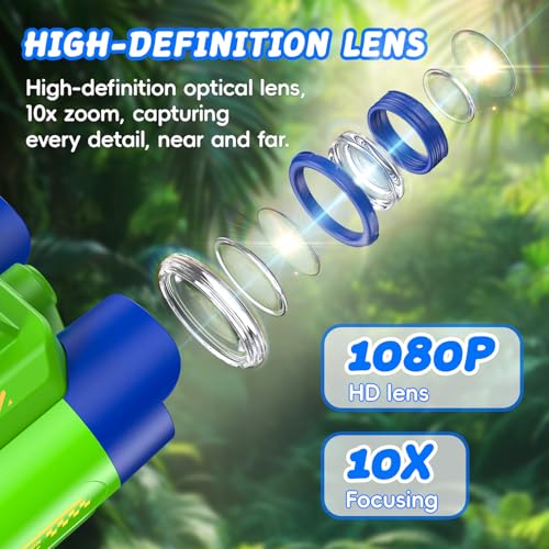 Binoculars for Kids with Night Vision, 2.4" HD Screen & 10X Zoom for Photo and Video - Outdoor Adventure Binoculars Bird Watching, Camping, Hiking, Gifts for Kids Ages 4+ (Green) - color: Green