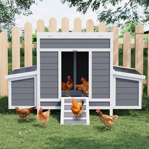 55" Wooden Chicken Coop, Chicken Coop for 4-6 Chickens, with 2 Sides Large Nesting Boxes, Outdoor Poultry Cage Rabbit Cage with Ramps & Tray,(54.41" x 34.49" x 34.05")
