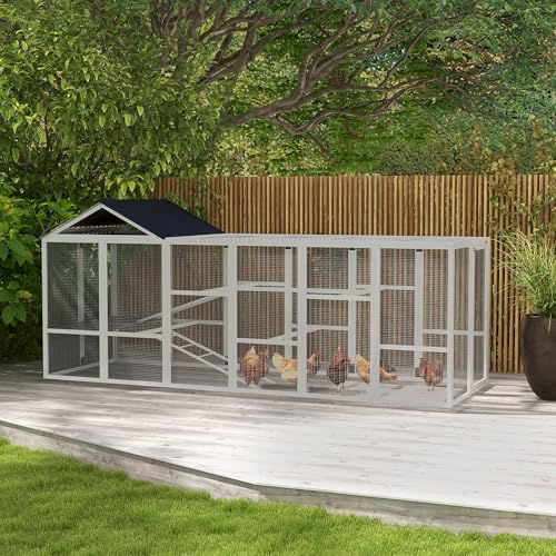 PawHut Wooden Chicken Coop Run for 6-10 Chickens 141.75" x 48" x 61" Gray | Hen House, Poultry Cage Add-On, Storage, Perches - color: Gray