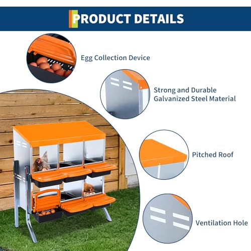 Chicken Nesting Box, 6-Hole Roll Away Egg Laying Box with Lid, Galvanized Steel Rustproof Design - Easy Egg Collection, Easy Clean with Bracket Legs, Orange - color: orange, size: 6 HOLES WITH LEGS