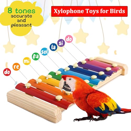 Large Parrot Suspensible Xylophone Toy, Multicolored Natural Wooden Bird Chewing Toys with Grinding Stone for Large, Medium Birds, Macaws, African Grey, Cockatoos, Amazon