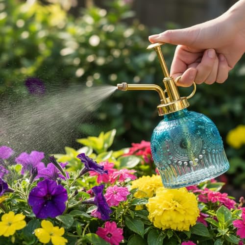 Glass Plant Mister Spray Bottle, 230ML Vintage Plant Spritzer, Succulent Watering Bottle Glass with Top Pump, Small Plants Sprayer Watering Can for Indoor Outdoor House(Blue and White) - color: dark or deep green