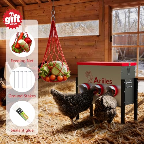 Automatic Chicken Feeder, Metal Poultry Feeder, Chicken Feeders | 40LB Poultry Feeder With Stand & 6 Ports. Includes Bonus Vegetable Net, Feeder Sealant And Anchor Stakes For Chicken.