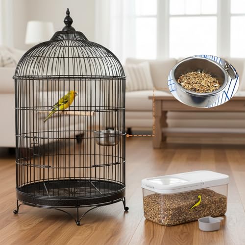 Bird Seed Storage Container, 5.4 Qt/6 L Pet Food Container with Measuring Cup & Stainless Steel Bird Feeder Bowl, Airtight Wild Birds Seed Dispenser, Plastic BPA Free, Clear