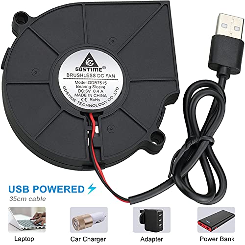 GDSTIME 75mm USB Blower Fan with 3 Speeds Control, 7515 5V DC Brushless | 75mm x 15mm, Turbine Turbo Fan, Adjustable, for Cosplay/Welding Helmet, Laptop, 3D Printer, Dehumidifier Cooling Ventilaiton - size: 75mm x 15mm