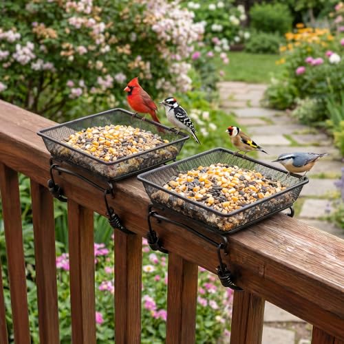 2 Pcs Railing Bird Feeder Tray for Balcony Deck Railing Bird Feeder Tray for Balcony 6.9 x 6.9 x 2.3 Inch Platform Bird Seed Tray with 4 Elastic Ropes & 2 Scoops for Outside Wild Birds or Squirrels