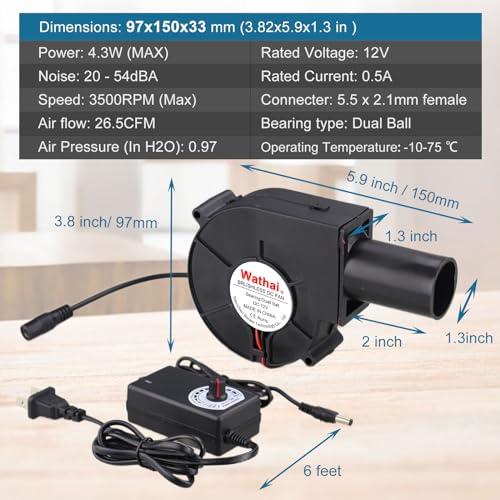 Wathai BBQ Air Mover Blower Fan 12V 97mm Centrifugal Fan 110V 120V 9733 | Dual Ball High Speed 3500CFM Variable speed fan for Charcoal Starter,Outdoor Cooking,Fireplace,Wood Stove - style: 9733 110V-240V