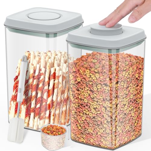 LEAWALK 4.2Qt 2Pack Airtight Dog Cat Food Storage Container and Dog Treat Containers BPA-Free, PET Clear Stackable Pet Storage Bin, 1 Cup Scoop, 1 Sponge cleaning brush, Pop Top, With handle (Grey) - color: Grey（4.2Qt-2Pack)