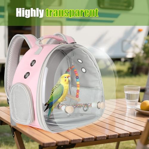 Portable Parrot Travel Cage Carrier with Small Swing Toy&Cage Colorful Toys Set Small Bird Parakeet Bag with Standing Perch Bird Carry Transport Bag (Pink, Backpack/Swing) - color: Pink, size: Backpack/swing