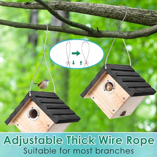 Dreyoo 1 Pack Wren House, 1-1/8'' Entrance Hole Hanging Wooden Wren Bird Houses for Outside with Metal Guard, Air Vents, Pine Wood for Chickadees (Black) - color: Black