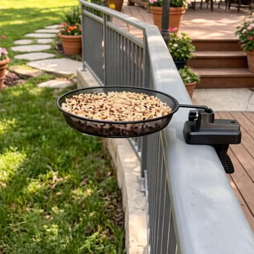 Fence/Railing Bird Feeder Tray for Deck/Balcony/Porch, 8" Steel Platform Bird Feeder Mesh Seed Tray for Outside Wild Birds, Great Decoration for Garden Backyard