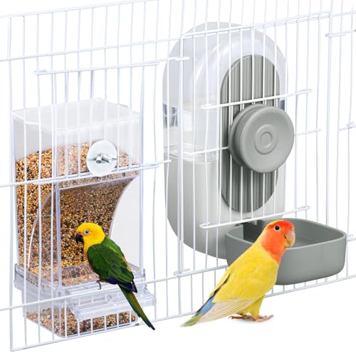 Lemtrflo No Mess Bird Feeder Water Dispenser, Parrot Cage Automatic Feeders | Automatic Feeding & Hydration, Parakeet Cage Accessories for Parrots, Cockatiels, Finches, Lovebirds & Budgies - color: Gray