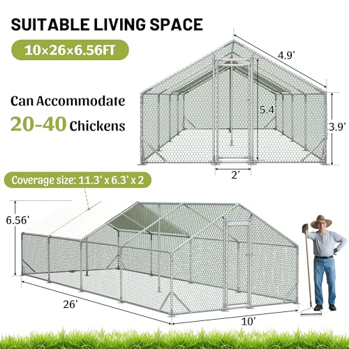 Metal Chicken Coop 26×10×6.56FT,Chicken Run Pen with Spire Roof,Water-Proof and UV-Proof Cover,Secure Mesh Walk-in Hens Fence with Lockable Door,Poultry Cage for Small Animal Like Hens,Ducks,Rabbits - size: 312.0"L x 81.0"W x 81.0"H