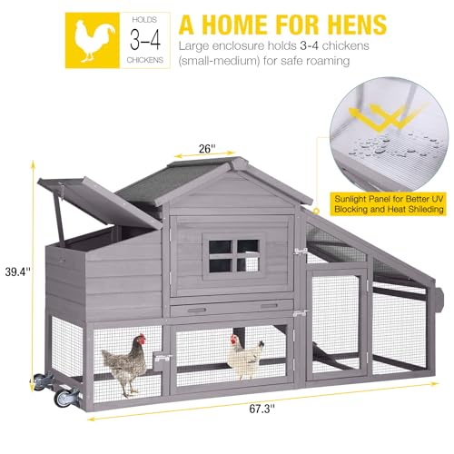 Aivituvin Chicken Coop with Run and Wheels, Mobile Outdoor Hen House Wooden Poultry Cage with Waterproof Roof (Grey, AIR23) - color: Grey, size: 67.3"L x 26.0"W x 39.4"H