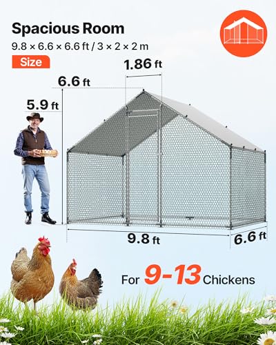 VEVOR Large Metal Chicken Coop with Run, Walkin Chicken Coop for Yard with Waterproof Cover, 6.5 x 9.8 x 6.5 ft, Spire Roof Large Poultry Cage for Hen House, Duck Coop and Rabbit Run - size: 117.6"L x 79.2"W x 79.2"H