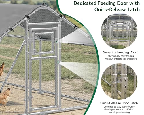 26x10 FT Extra Large Walk-in Chicken Coop with Spire Roof Cover | Front and rear doors, feeding door, roosting ladder and galvanized frame support easier poultry care and access - size: 298.4"L x 118.1"W x 77.6"H