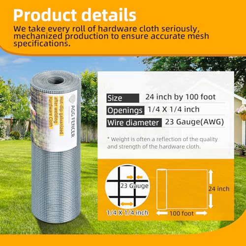 24inch x 100ft Hardware Cloth 1/4 inch Chicken Wire Fencing 23Ga | Hot Dipped Galvanized After Welding Garden Plant Supports Welded Metal Chicken Wire Fence Poultry Animal Netting Cage Screen - size: 1/4in 24in x 100ft