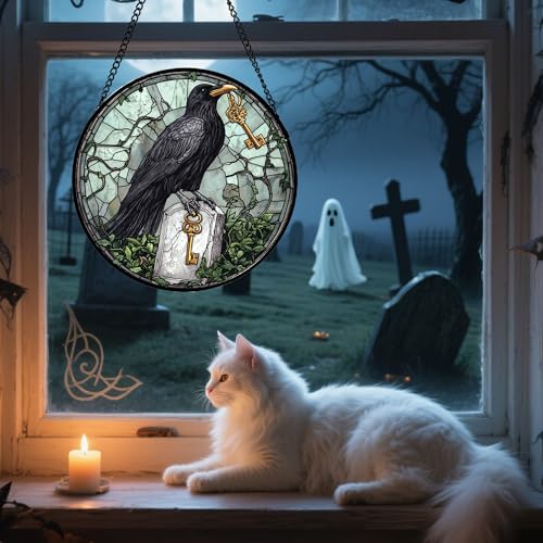 Stained Glass Window Hanging - Halloween Crow Holding A Key Suncatcher for Doors Garden Home Spooky Green Vines Sun Catchers Gothic Decor Horror Gift for Women Men Friend Boy Girl 15 in - color: Black Green, size: 15x15 IN