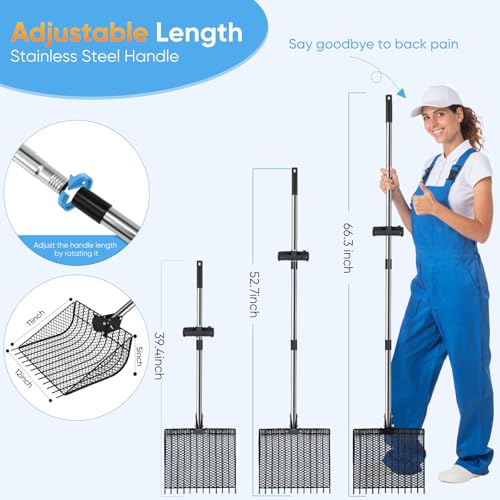 12inch Large Metal Chicken Poop Scooper for Sand with Ergonomic Grip, Adjustable Angle 2 in 1 Chicken Coop Scoop & Rake (39-66"), Stainless Steel Litter Sifting Shovel Chicken Coop Cleaning Tool, Farm