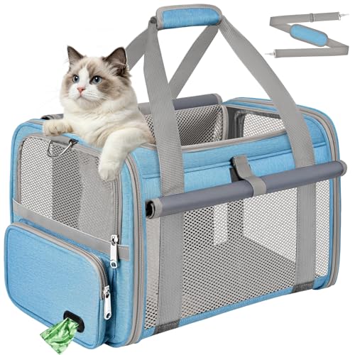 Cat Carrier Airline Approved Privacy Portable Top Load Pet Travel Bag | Soft Sided Pet Carriers for Small Cats Dogs Puppy up to 16 Lbs,Collapsible,Zipper Lock,Luggage Sleeve,2 Storage,Washable - color: Sky Blue