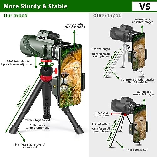 40X60 Monocular Telescope with Smartphone Holder& Tripod, High Power Nitrogen-Filled Monocular for Adults with BAK4 Prism & FMC Lens, HD Monocular Scope for Birdwatching Hiking Concert Travelling - color: Dark Green