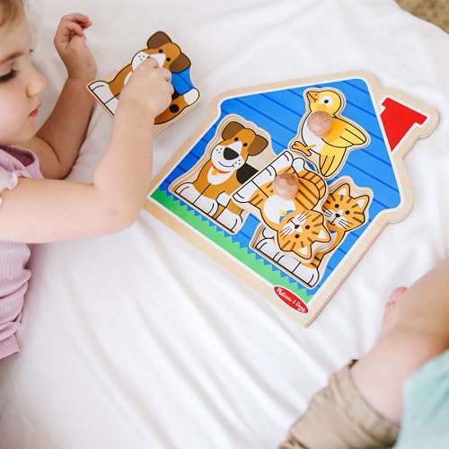 Melissa & Doug Wooden Jumbo Peg Puzzle 2-Pack – Fish Bowl, House Pets, 3-Piece for Toddlers Boys and Girls, Ages 1+ Years