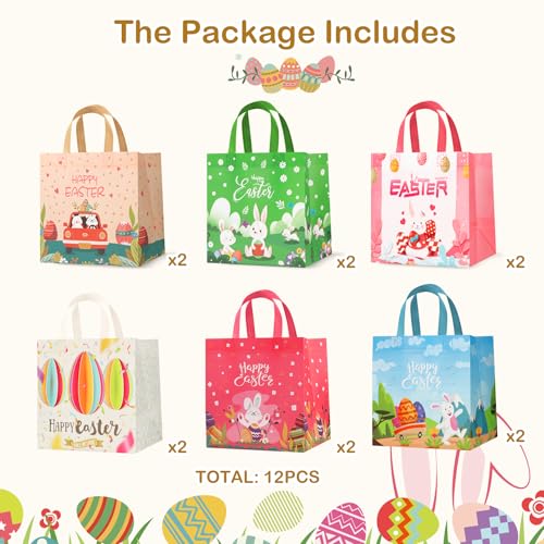 Bszatan 12PCS Easter Gift Bags with Handles, Treat Bags with Happy Bunny Carrot Chick, Multifunctional Non-Woven Easter Baskets for Egg Hunt, Gifts Wrapping, Party Supplies, 8.3×7.9×5.9inch - color: 12 gift bags