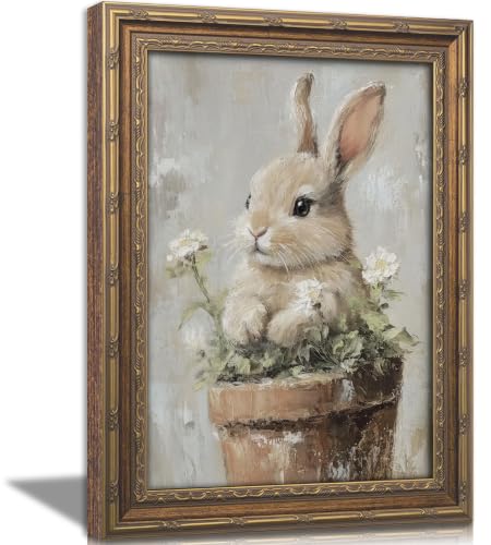 Vintage Gold Framed Easter Bunny Wall Art Floral Rabbit Cottagecore Oil Painting Canvas Prints Spring Flower Botanical Picture Poster Rustic Farmhouse Nursery Animal Artwork for Living Room Bedroom - color: Bunny, size: 11"L x 9"W