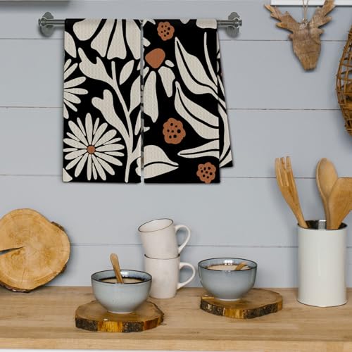 Abstract Boho Beige and Black Floral Kitchen Towels, Groovy 70s Retro Botanical Dish Towels Drying Cloth for Kitchen, Mid Century Modern Flower Hand Towels for Bathroom, 16x24 Inch Set of 2 - color: Black Beige