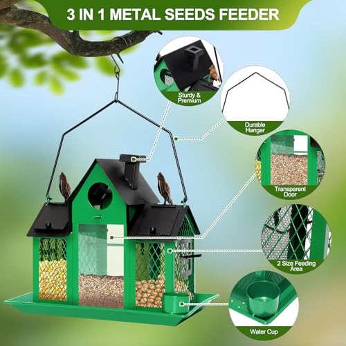 Solar Bird Feeders House for Outdoors Hanging, 7LBS Large Capacity Metal Wild Bird Feeder Squirrel Proof for Outside with Water Cup, Cardinal Birdfeeder Birdhouses Gift for Bird Lovers (Green) | Green,Wild Metal Bird Feeder,7LBS Large Capacity with Water
