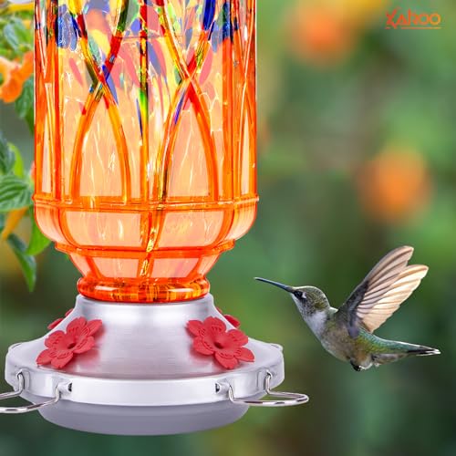 Hummingbird Feeders for Outdoors with Ant Moat, Hand Blown Glass Hummingbird Feeder, 4 Feeding Ports with Perch, Outdoor Garden Décor, 15 OZ, Orange - color: Orange