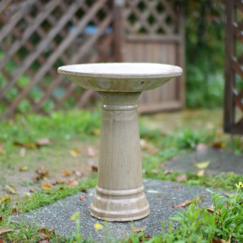 Ceramic Pedestal Bird Bath for Outside, 15 x 12 Inch, Light Khaki | Glazed Finish, Easy Twist-to-Lock Assembly - color: Light Khaki